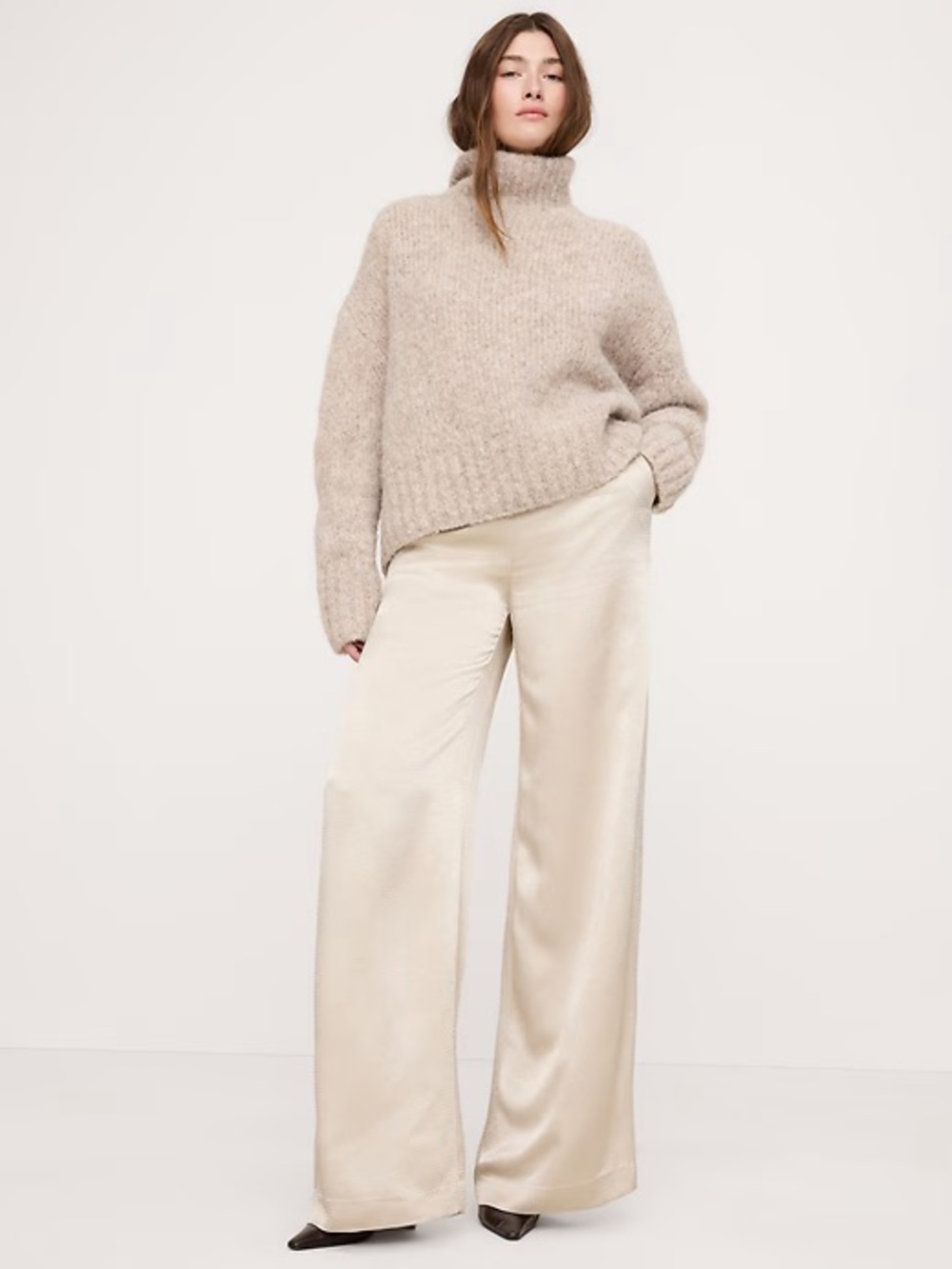NEW! Banana Republic Hammered Satin Palazzo Pants High Rise Wide Leg Champagne